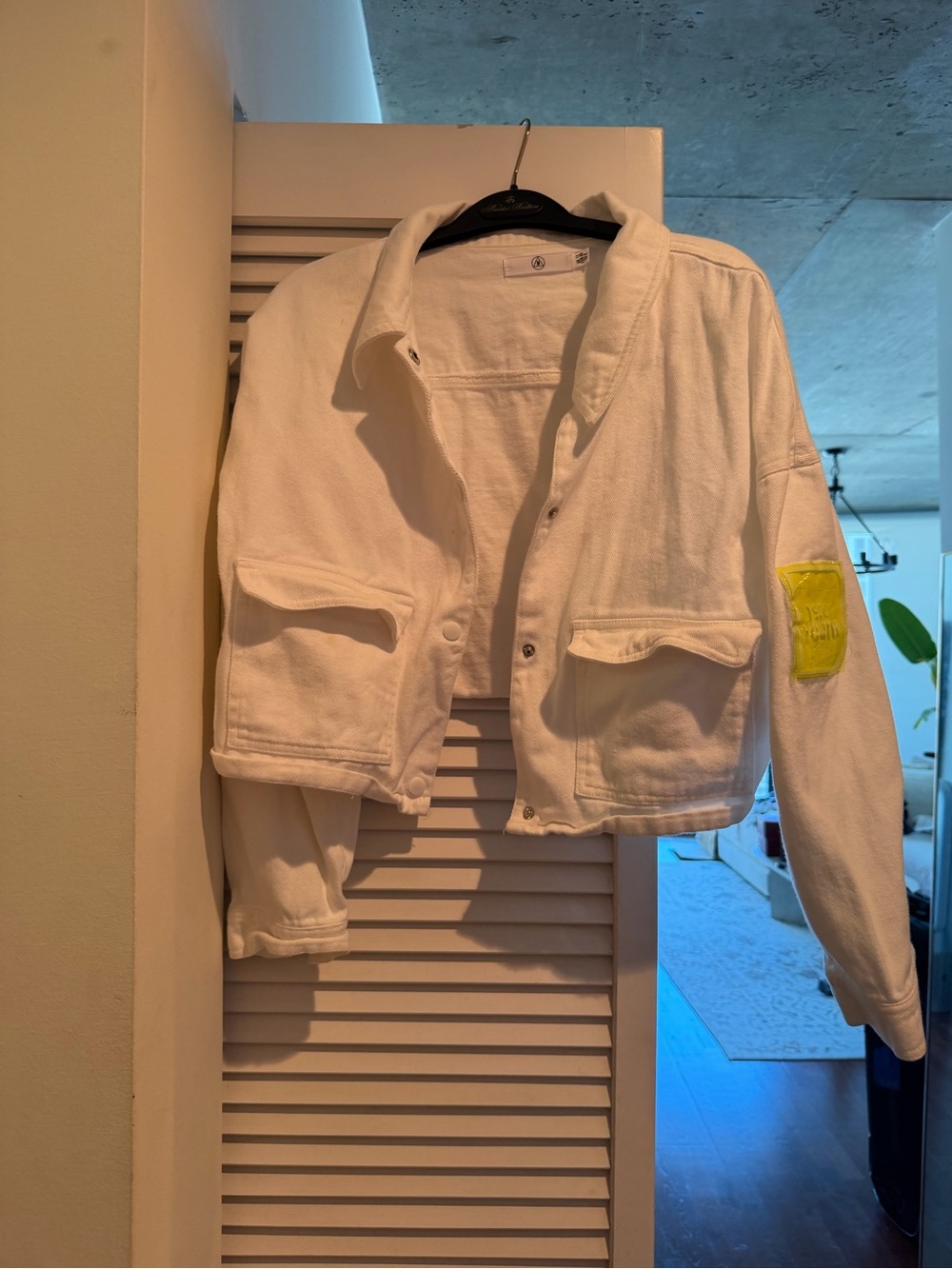 Missguided Cropped White Jean Jacket with Yellow Sleeve Patch